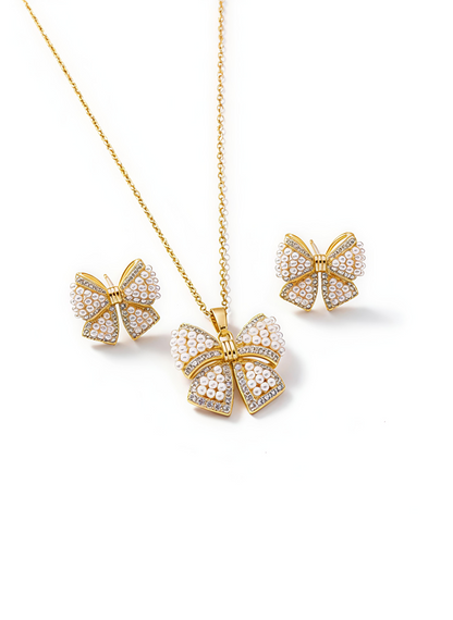 Golden Pearl Bow Pendant Set