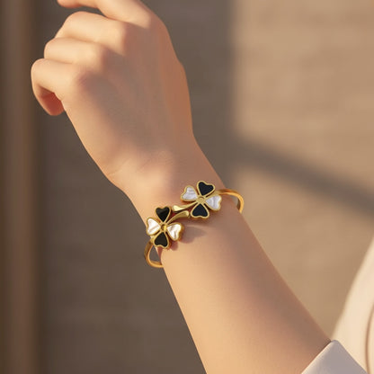 Black n White Four-Leaf Clover Gold-Plated Stainless-Steel Bangle