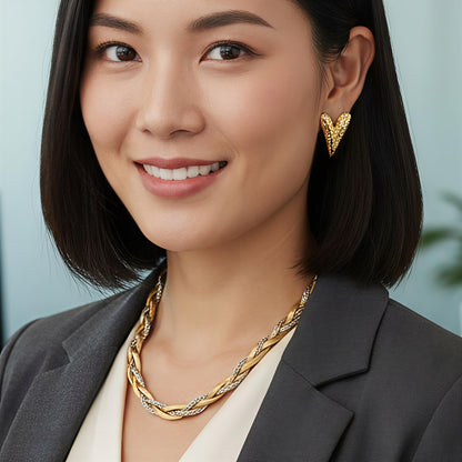 18K Gold Layered Necklace & Statement Earrings Set | Stainless Steel Daily Wear Combo