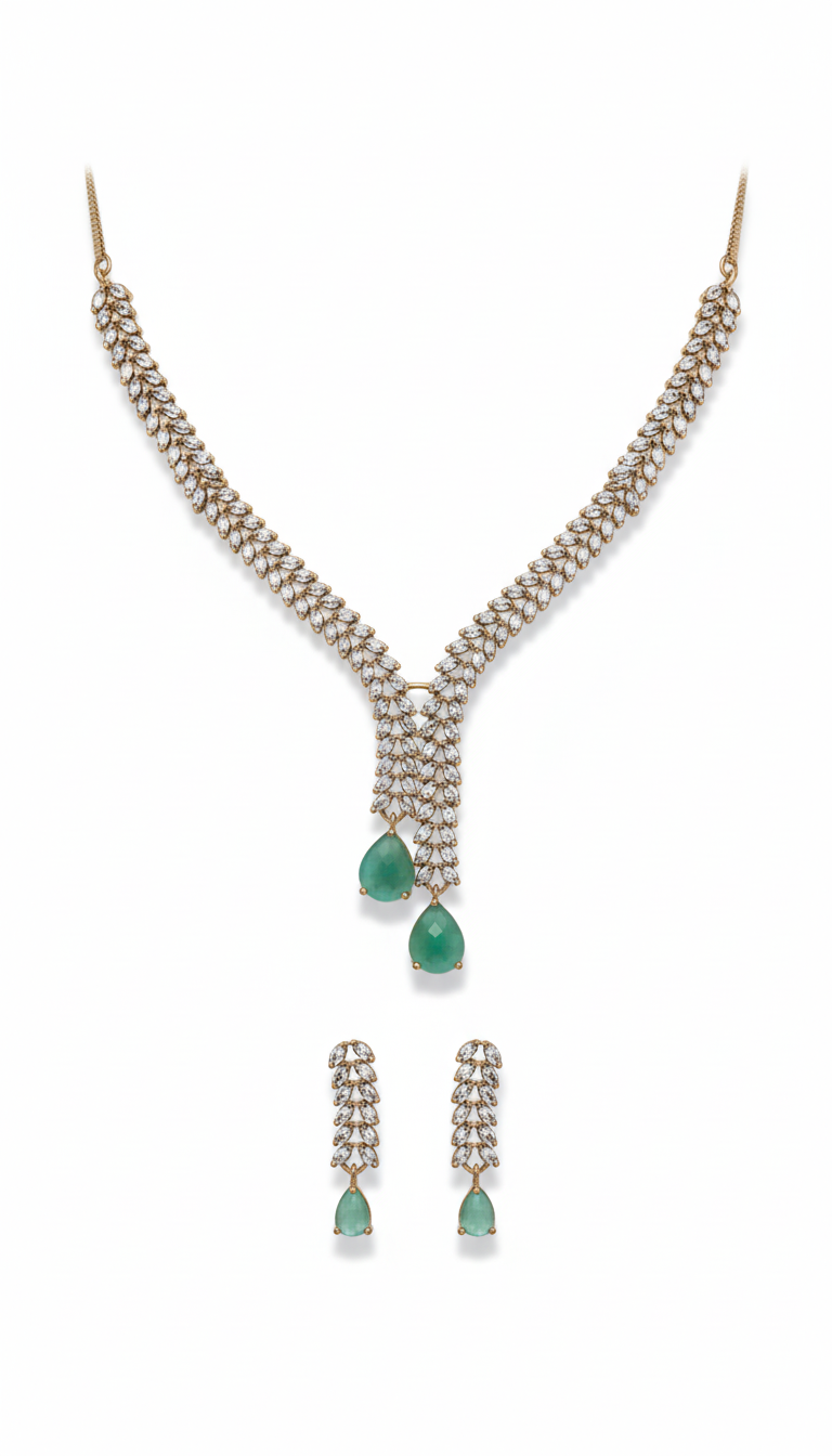 V-Neck AD Stone Necklace for Women with Green Stone | Elegant Golden Finish Jewelry