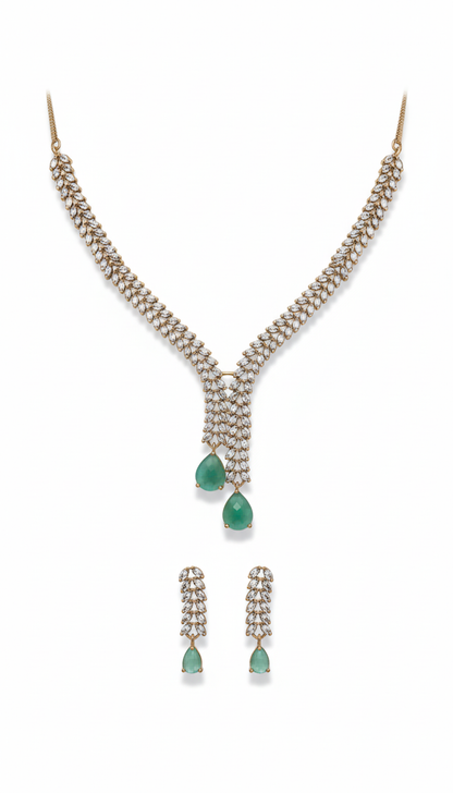 V-Neck AD Stone Necklace for Women with Green Stone | Elegant Golden Finish Jewelry