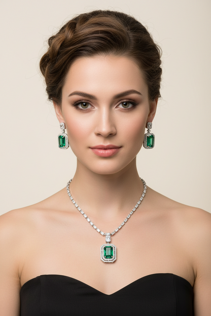 V-Neck AD Stone Necklace Set for Women | Elegant Silver Finish Jewelry - Mint Green