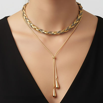 18K Gold Layered Necklace Set | Drop Necklace & Snake Chain Combo | Premium Anniversary Set