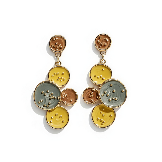 Gold Plated in Stainless Steel - Ocean Sunburst : Hand-Painted Yellow & Blue Statement Plate Earrings
