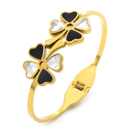 Black n White Four-Leaf Clover Gold-Plated Stainless-Steel Bangle
